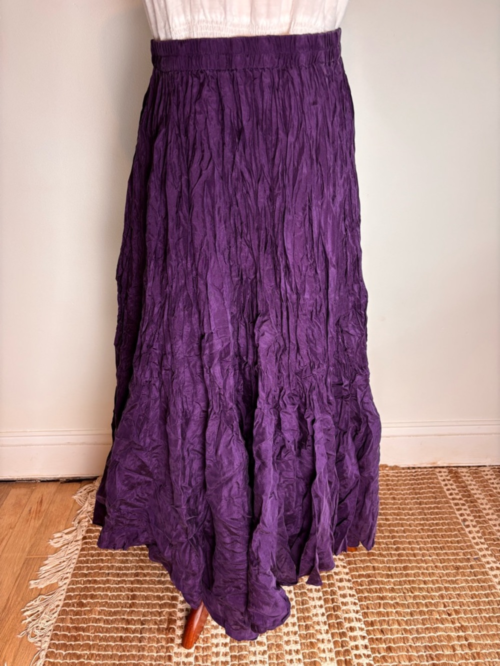 Vintage Silk Midi Dark Purple Large Skirt Midi Crinkle Unlined Natural Fiber